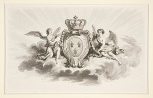 天使に囲まれたフルール ド リスの王家の紋章、19 世紀の複製 作： Augustin de Saint Aubin
