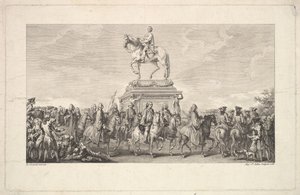 Description des Trava ...、1766年に掲載された、ルイ15世の像、ビネット、1ページ目の就任式。 作： Augustin de Saint Aubin