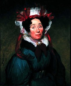 赤と白のボンネットをかぶった女性の肖像 作： Augustine Cochet St. Omer