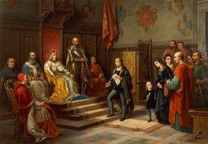アウグスト トミンツ (1818-1883) による、トリエステの詩人ラファエレ ゾヴェンツォーニによって、トルコ人への行進を迫られるフリードリヒ 3 世