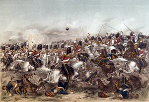 バラクラバの戦い。 1854年10月25日、アウグストゥスバトラーによって刻まれたスコッツグレイの華麗な告発、1855年1月6日、ロンドンのスタナードとディクソンから出版
