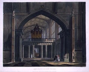 イートン・カレッジの前礼拝堂、「History of the Colleges」の一部である「History of Eton College」より、Daniel Havell (1785-1826)の彫刻、R. Ackermannの出版。 作： Augustus Charles (after) Pugin