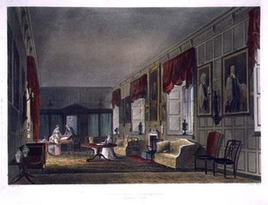 チャーター・ハウスのフィッシャー博士のアパート、「History of Charter House School」より、「History of the Colleges」の一部、Joseph Constantine Stadler (fl.1780-1812)の彫刻、R. Ackermannの出版。 作： Augustus Charles (after) Pugin
