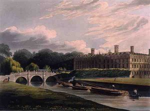 ケンブリッジ、クレア・ホールの外観、J. Bluck (fl.1791-1831)の彫刻による「The History of Cambridge」より、R. Ackermannが出版。 作： Augustus Charles (after) Pugin