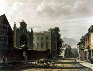 ケンブリッジのセント・ピーターズ・カレッジ（ピーターハウス）の外観（「The History of Cambridge」より）、Joseph Constantine Stadler（fl.1780-1812）の彫刻、R. Ackermannの出版物 作： Augustus Charles (after) Pugin