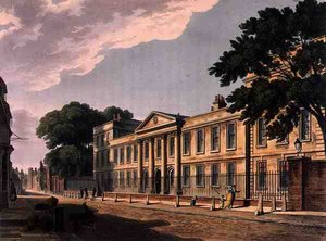 ケンブリッジ大学エマニュエル・カレッジの正面、Joseph Constantine Stadler (fl.1780-1812)が彫った「The History of Cambridge」より、R. Ackermannが出版。 作： Augustus Charles (after) Pugin