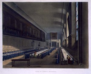 キリスト病院のホール、「カレッジの歴史」の一部である「キリスト病院の歴史」より、Joseph Constantine Stadler (fl.1780-1812)の彫刻、R. Ackermannによる出版。