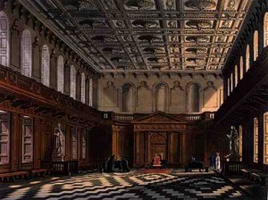 ケンブリッジ元老院議事堂の内部（Daniel Havell (1785-1826)作の「The History of Cambridge」より）、R. Ackermann著。 作： Augustus Charles (after) Pugin