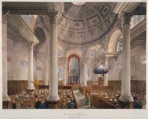 サービス中の聖スティーブン・ウォルブルック教会の内部、ロンドン市、1809年 作： Augustus Charles Pugin, Thomas Rowlandson