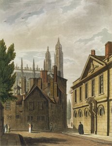 ジョセフコンスタンティンスタッドラー（fl.1780-1812）によって彫刻された「ケンブリッジの歴史」のパブ、トリニティホールの正面。 R.アッカーマン、1815年（アクアチント色） 作： Augustus Charles Pugin