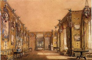 ブライトン・パビリオンの黄色い応接室の内部 1820年頃 （水彩・グワッシュ・紙 作： Augustus Charles Pugin