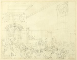 ギルドホールのための研究、債権者の前での破産の審査、ロンドンの小宇宙から 作： Augustus Charles Pugin