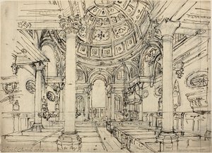 Walbrook Church (直訳) のための研究; ヨット、男性、ディンギーのスケッチ (裏面) 作： Augustus Charles Pugin