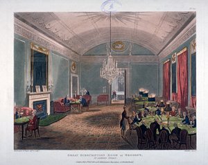 グレート サブスクリプション ルーム、ブルックス クラブのインテリア、セント ジェームズ ストリート、ロンドン、1808 年。 作： Augustus Charles Pugin