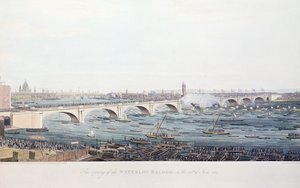 1817年6月18日のウォータールーブリッジの開口部、A。ピュージンによってW.フィンドレーターの絵からエッチングされ、R。ハヴェルウントソンによって彫刻された、1818年（カラー彫刻） 作： Augustus Charles Pugin