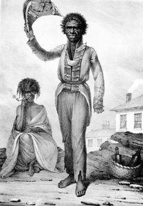 1830年にチャールズジョセフハルマンデルによって彫刻された、ニューサウスウェールズ州の先住民族の長であるバンガリー 作： Augustus Earle