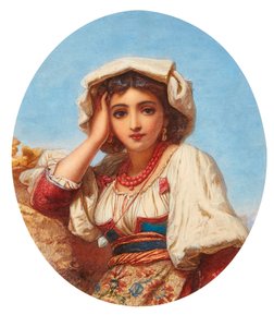 イタリアの女の子の頭 (水彩) 作： Augustus Jules Bouvier