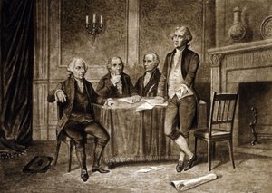 1775年大陸議会の指導者たち：ジョン・アダムズ、ロバート・モリス、アレクサンダー・ハミルトン、トーマス・ジェファーソン、オーガスタス・ソーリー作画（1894年） 作： オーガスタス・ソレイ