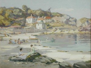 コーニッシュ・ビーチ（パネルに油彩） 作： Augustus William Enness