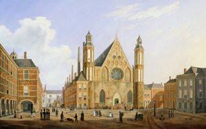 ハーグのビネンホフと中庭にいる兵士や他の人物が乗ったリダーザールの景色 作： Augustus Wynantz