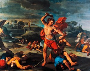 ペリシテ人を殺すサムソン」アウレリアーノ・ミッラーニ（1675-1749）の絵画、油彩・キャンバス、225x290cm、イタリア 作： Aureliano Milani