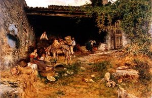 イタリアの農園（油彩・パネル） 作： Aurelio Tiratelli