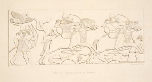 ニネベのモニュメントからの馬に乗ったアッシリアの戦士、パブ。 1849 作： Austen Henry Layard