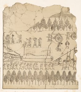 翼のある雄牛を橇 (Kouyunjik) で動かしているアッシリア人、ニネベのモニュメント、パブから。 1849年（彫刻）