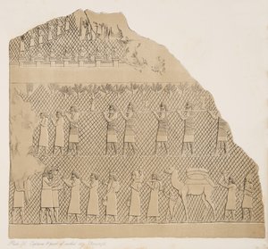 1858年のニネベのモニュメントからの捕虜と城壁に囲まれた都市（コユンジク）のイラスト