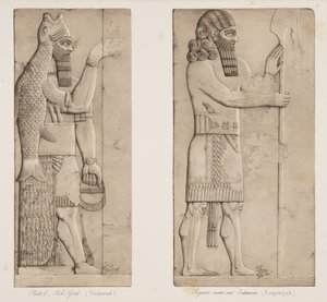 魚の神（ニムラウド）と入口近くの像（コユンジク）、パブ、ニネベのモニュメントから。 1849