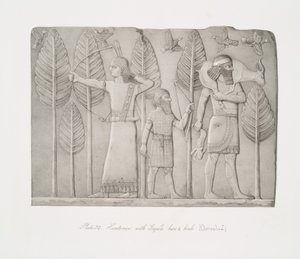 ガゼル、ウサギ、鳥を持った猟師（Khorsabad 作： Austen Henry Layard