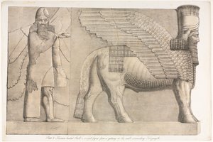 ニネバの記念碑：プレート3、人間の頭の雄牛と翼のある人物...、1853年。