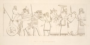 ニネベの記念碑、パブから囚人を受け取る王。 1849 作： Austen Henry Layard