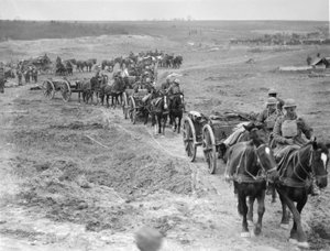 1918年10月4日、ベリコート近くのヒンデンブルク線を経由して銃に弾薬を持ち込んだオーストラリア野戦砲第6旅団のリンバー 作： Australian Photographer