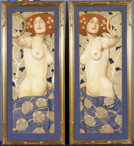 半ヌードの女性像を描いた紙に描かれたパステルのペア、1900年頃