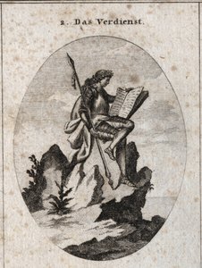 Allegorie du merite」は、険しい岩の上に武器とそれを象徴する書物を持った彼の作品と研究の成果を表しています。彫刻は「Iconologie oder Ideen aus dem Gebiete der Leidenschaften und Allegorien bildich dargestellt fur Zeichne」に掲載されています。 作： Austrian School