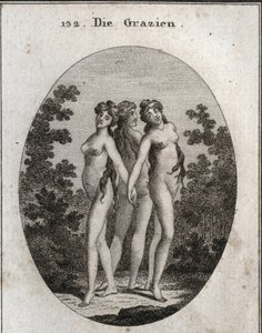 グレイセスのアレゴリー。3つの美徳。Euphrosineは前進と満足を、Aglayaは堂々とした美しさを、Taliaは喜びを象徴しています。彫刻は「Iconologie oder Ideen aus dem Gebiete der Leidenschaften und Allegorien bildich dargestellt fur Ze」に収録されています。 作： Austrian School