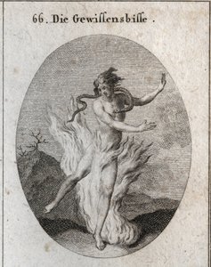燃える炎に囲まれた自責の念と、心を奪う蛇の寓意。Iconologie oder Ideen aus dem Gebiet der Leidenschaften and Allegorien bildich dargestellt for Zeichner, Mahler, Dichter, Gelehrte, Erzieher and freunde H "に掲載されたエングレーヴィング。 作： Austrian School