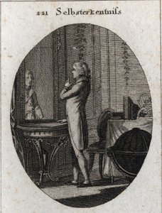 自己認識のアレゴリー若い男性が鏡に向かっている。Iconologie oder Ideen aus dem Gebiet der Leidenschaften and Allegorien bildich dargestellt for Zeichner, Mahler, Dichter, Gelehrte, Erzieher and freunde Hoherer Geschmacksbildung」（Ic）のエングレーヴィング。 作： Austrian School