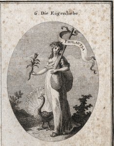 若い女性が自分の欠点を象徴するバッグを、ギリシャ語で「Philautia」と刻まれたバゲットで閉じている姿から、自己愛の寓意が表現されています。属性：車輪を作るクジャクと水仙の花。イコノロジー」に掲載されているエングレーヴィング