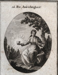 鳩を胸に抱き、輝く心を表現した真心のアレゴリー。Iconologie oder Ideen aus dem Gebiet der Leidenschaften and Allegorien bildich dargestellt for Zeichner, Mahler, Dichter, Gelehrte, Erzieher and freunde」に掲載されたエングレーヴィング。 作： Austrian School
