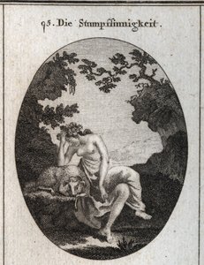 愚かさのアレゴリー愚鈍な動物である羊に寄りかかっている。Iconologie oder Ideen aus dem Gebiet der Leidenschaften and Allegorien bildich dargestellt for Zeichner, Mahler, Dichter, Gelehrte, Erzieher and freunde Hoherer Gesc」でのエングレーヴィング。 作： Austrian School