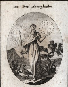 迷信のアレゴリー。彼女はキャンドルライトを持ち、彼女が不安だと考える7つの惑星の星座を囲む星の輪を持っている。その属性は、フクロウとカラスです。イコノロジー・オダー・オーズ・ディム・デム・レイ」のエングレーヴィング 作： Austrian School