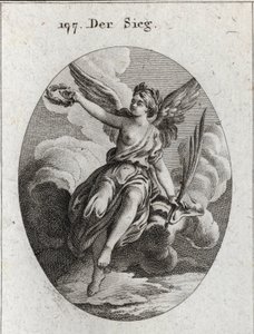 勝利の寓意。翼を持ち、ヤシの木と月桂樹の花輪を持っています。Iconologie oder Ideen aus dem Gebiet der Leidenschaften and Allegorien bildich dargestellt for Zeichner, Mahler, Dichter, Gelehrte, Erzieher and freunde Hoherer Gesch」でのエングレーヴィング。 作： Austrian School