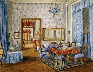 ビーダーマイヤー様式の寝室、1830年頃、水彩画、オーストリア 作： Austrian School