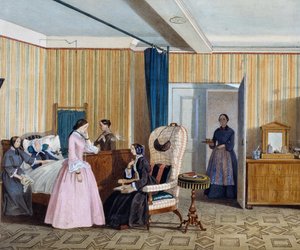 ビーダーマイヤー様式の寝室、水彩画、オーストリア 作： Austrian School