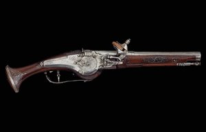 カリントス（フェルラッハ）ピストル、自動安全装置を内蔵したホイールロック機構付き、1650年頃（スチール＆ウォールナット製