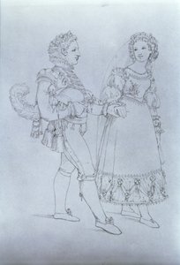 オペラ「フィガロの結婚」のヴォルフガング・アマデウス・モーツァルト（1756-91）によるフィガロとスザンナの衣装デザイン（彫刻）
