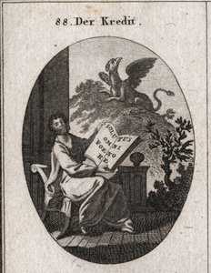 Solutus omni foenore（万物の勝利からの解放）」と刻まれた本を手にするクレジットのアレゴリー。背景にはトレッサーの保存と保全の象徴であるグリフォンが描かれている。ライデンのイコノロジー・オーダ・アイデーン・アウスト・デム・ゲビエテ・デル・ライデン」に掲載されているエングレーヴィング 作： Austrian School