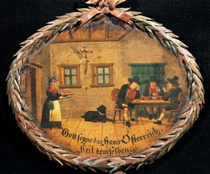 宿屋のテーブルに座る客とウェイトレス、宿屋の楕円形の看板、オーストリア 作： Austrian School